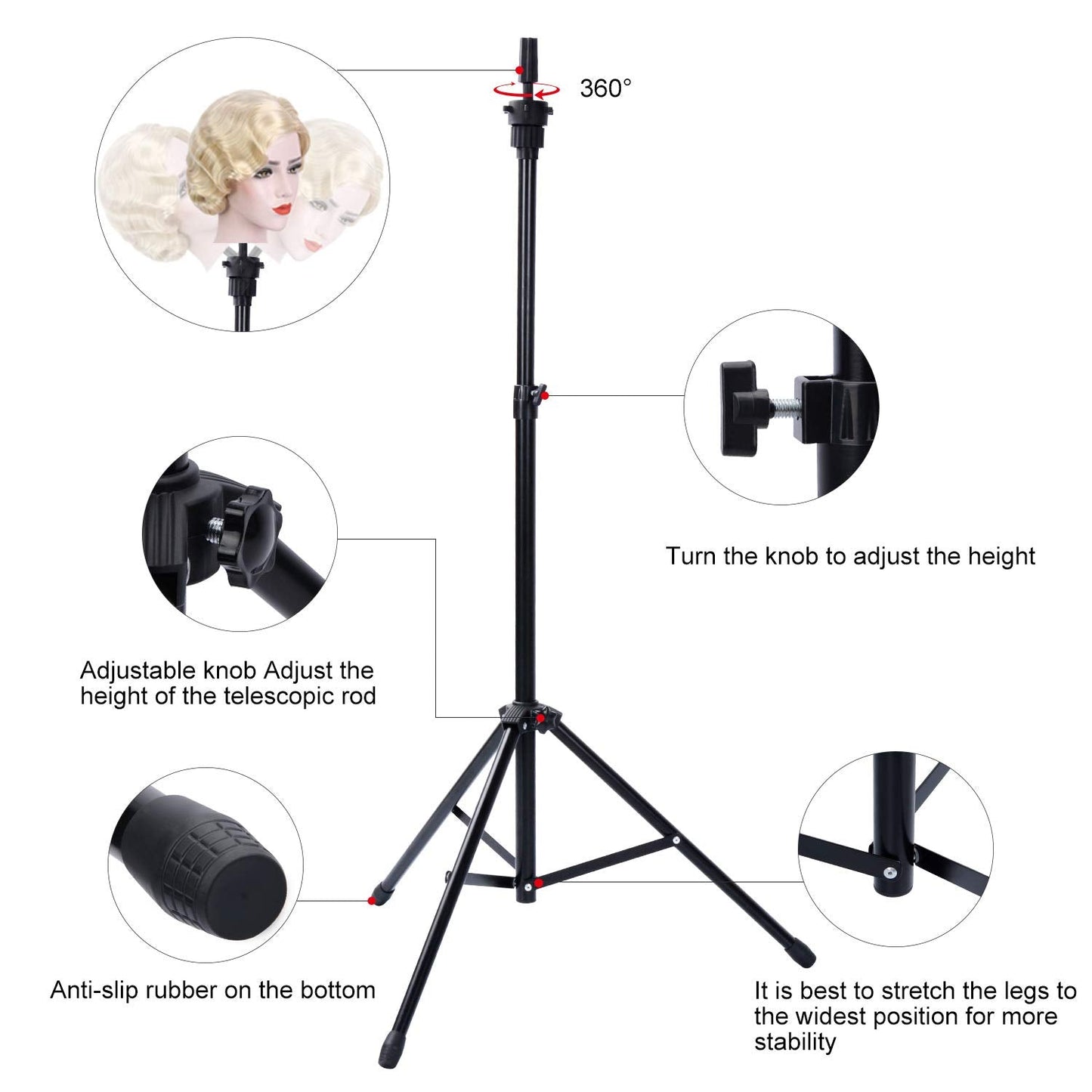 Klvied Reinforced Wig Stand Tripod Mannequin Head Stand, Adjustable Holder for Cosmetology Hairdressing Training with T-with Caps, T-Pins, Comb, Hair Clip, Carrying Bag