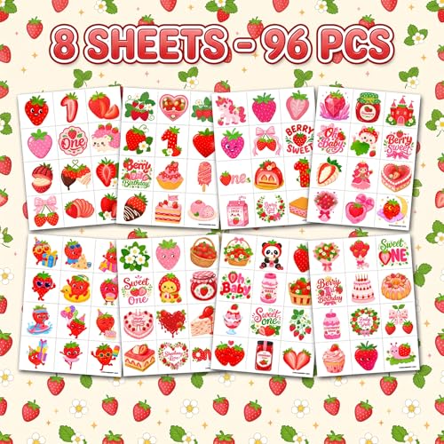 96 PCS Strawberry Temporary Tattoos for Kids | Waterproof