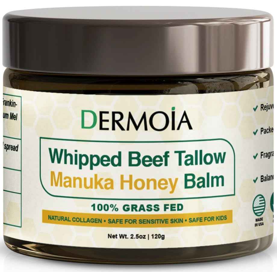 DERMOIA Grass Fed Whipped Beef Tallow for Skin with Manuka Honey - Silky Smooth, Fast Absorbing Tallow & Honey Balm - Ideal for Kids & Eczema Prone Area - Whipped Moisturizer for Dry & Sensitive Skin