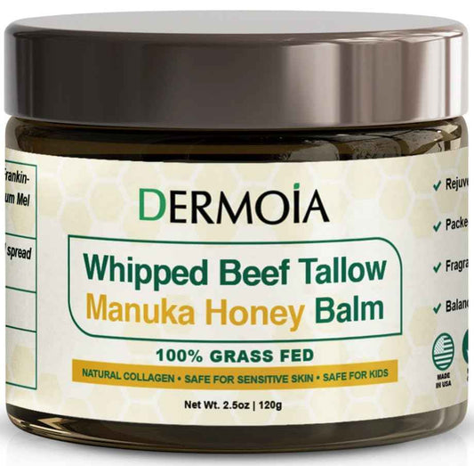 DERMOIA Grass Fed Whipped Beef Tallow for Skin with Manuka Honey - Silky Smooth, Fast Absorbing Tallow & Honey Balm - Ideal for Kids & Eczema Prone Area - Whipped Moisturizer for Dry & Sensitive Skin