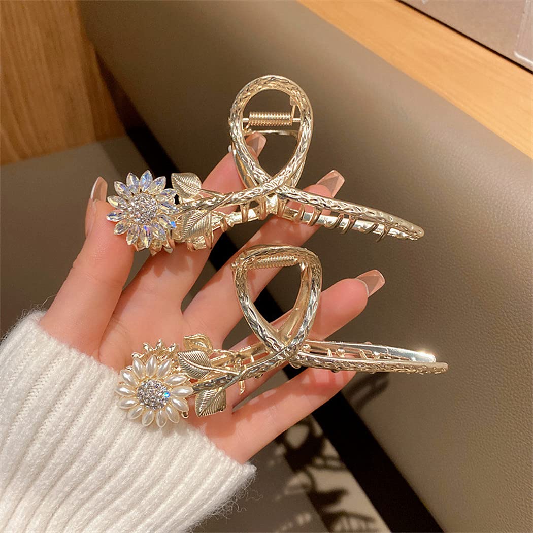 Large Metal Hair Claw Clips for Women, Sinide 3 Pack Sunflower Shaped Rhinestone Imitation Pearl Hair Barrettes Nonslip Hair Clamps Accessories for Thin Thick Curly, Hair Styling for Ladies Girls