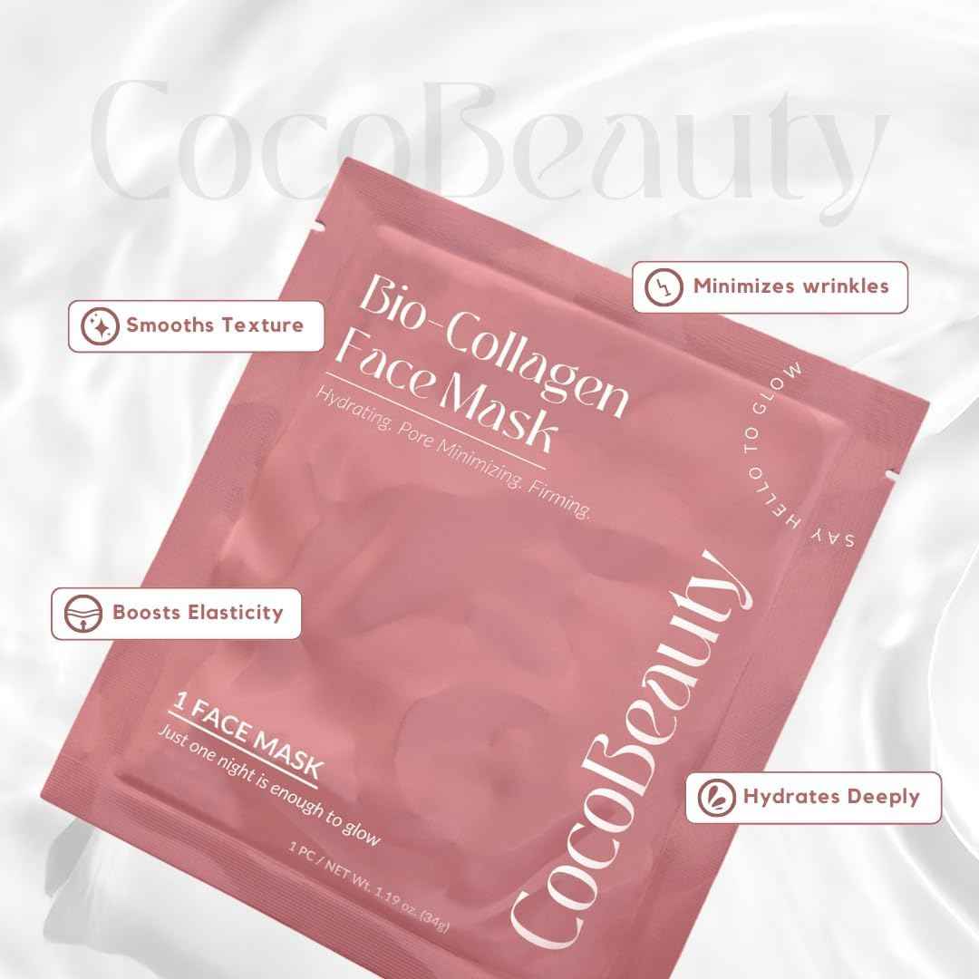 COCOBEAUTY Bio Collagen Face Mask – Hydrating & Anti-Aging Korean Collagen Sheet Masks, Deep Hydration, Smooths Fine Lines, Overnight Face Mask for Radiant Skin (16 pcs)