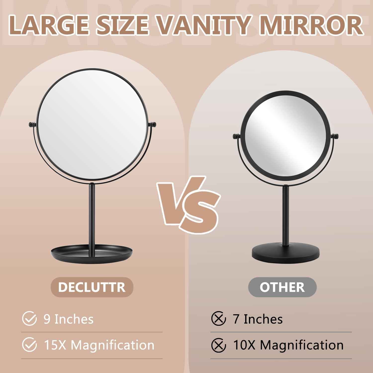 DECLUTTR 15X Magnifying Makeup Mirror, 9 Inch Tabletop Mirror on Stand, Large Double Sided Vanity Mirror for Desk, Black
