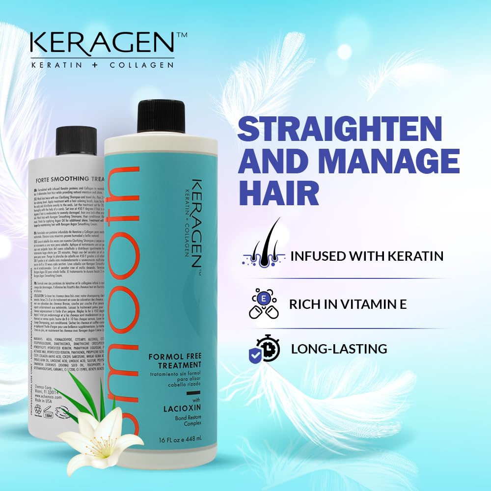 KERAGEN - Brazilian Keratin Smoothing Treatment, Blowout Straightening System for Dry and Damaged Hair, Formaldehyde Free, 16 Oz - Eliminate Curls and Frizz, Fine to Medium Hair