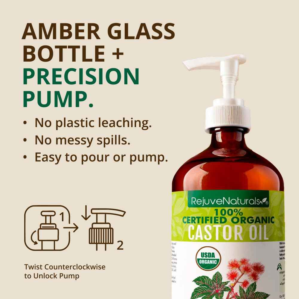 RejuveNaturals Castor Oil (16oz Glass Bottle) USDA Certified Organic, 100% Pure, Cold Pressed, Hexane Free. Boost Hair Growth for Thicker, Fuller Hair, Lashes & Eyebrows.