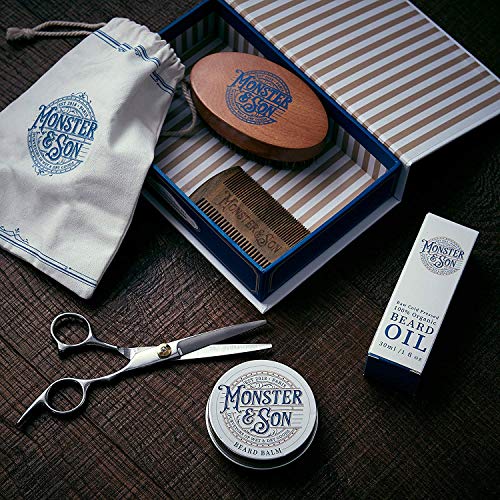 Monster&Son Premium 7-Item Organic Beard Kit - Beard Oil, Beard Balm, Beard Brush, Beard Comb, Scissors, Canvas Travel Bag - Male Grooming Kit in Gift Box - Great Mens Birthday Gift - Father's Day