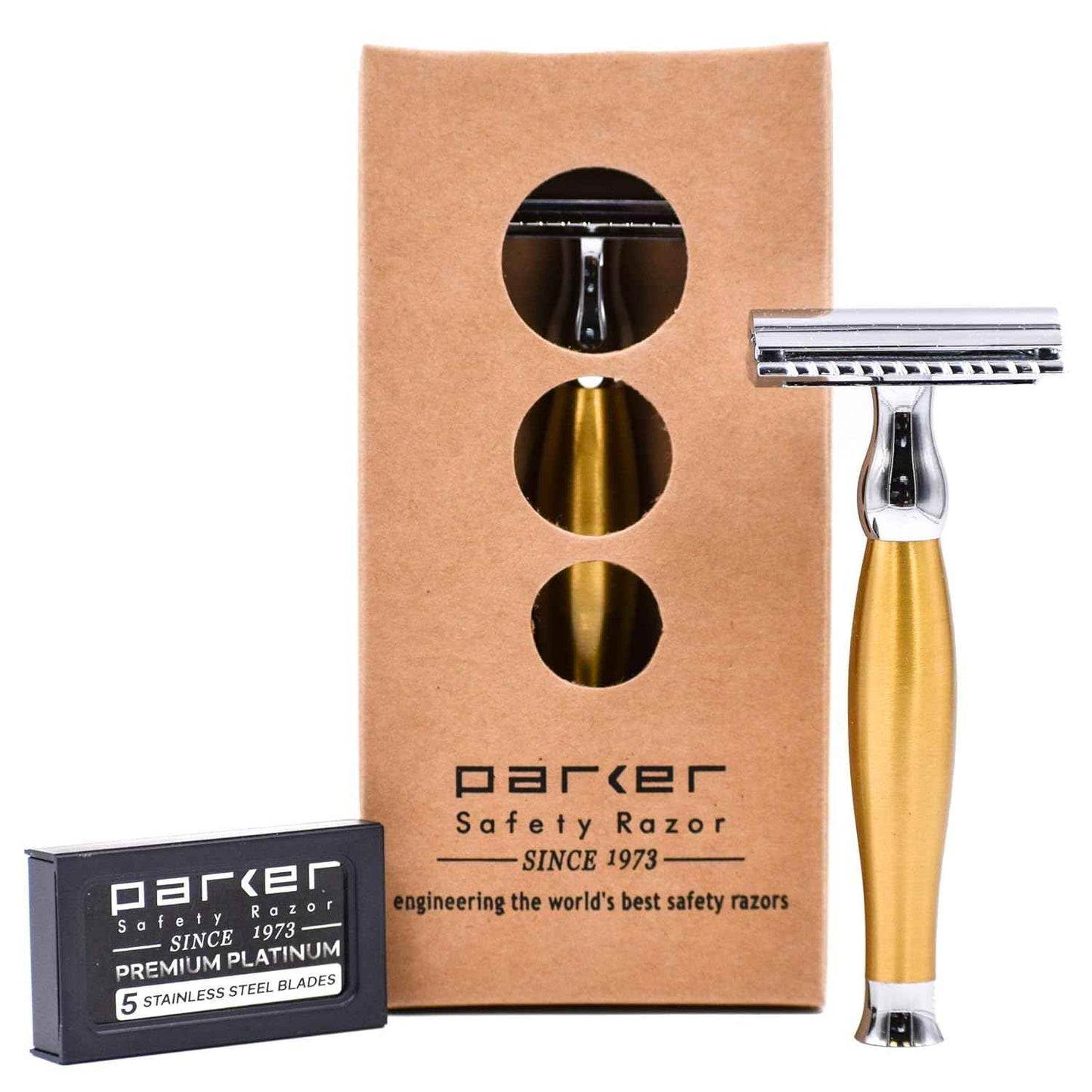 Parker 48R Heavyweight 3-Piece Double Edge Razor – Matte Gold Finish with 5 Premium Platinum Double Edge Razor Blades - Delivers a Barber Shop Quality Shave