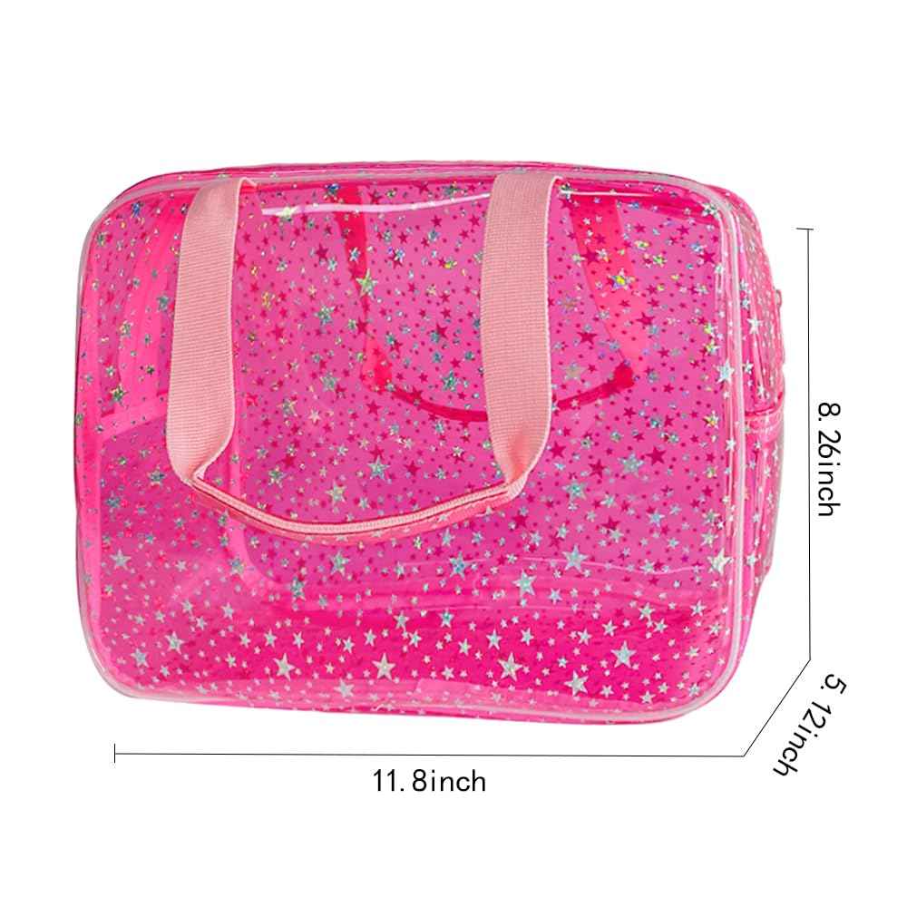 TotePrint Hot Pink Star Large Cosmetic Bag 12x5x8 inch Travel Pouch with Handle,Durable PVC Material,Zipper Design-Ideal for Makeup,Travel Essentials