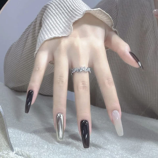 BABALAL Coffin Press on Nails Long Fake Nails Black White Glue on Nails Chrome Sliver Black Mirror Acrylic Nails Ballerina Stick on Nails for Women and Girls