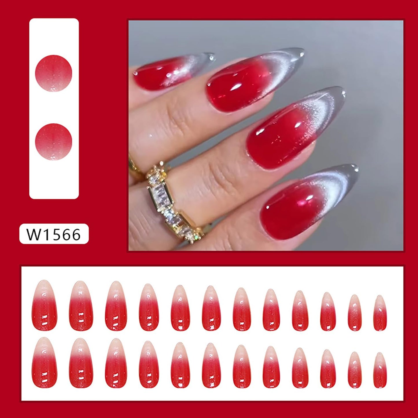 24 Pcs Press on Nails Medium Almond RIICFDD Red Gradation Fake Nails with Cat Eyes Designs Press on Nail Glitter Acrylic Nails Full Cover False Nails for Women and Girls Artificial Nails