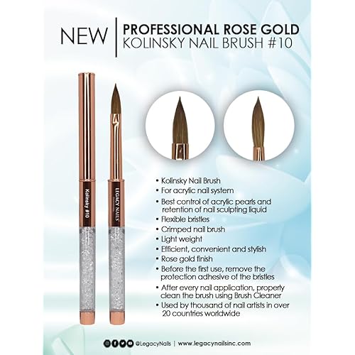 Legacy Nails Professional Rose Gold Kolinsky Nail Brush #10 - Perfect For Sculpting Acrylic Nail Extensions Flexible bristles Light weight