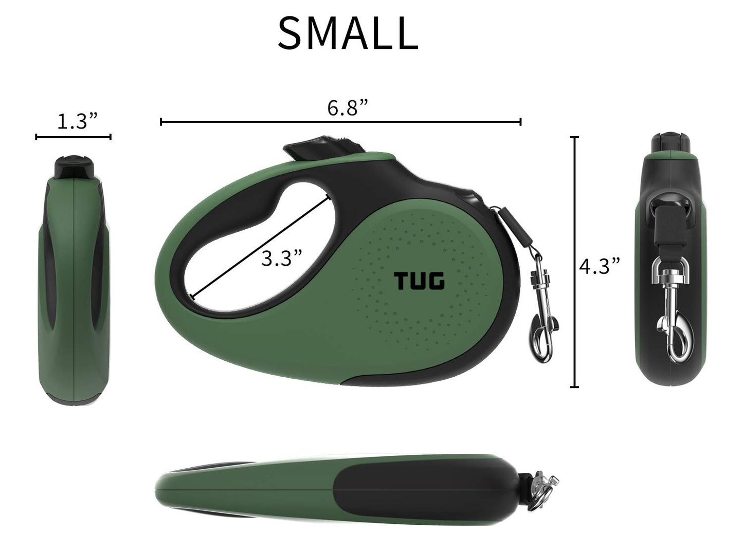 TUG 360° Tangle-Free Retractable Dog Leash with Anti-Slip Handle | 16 ft Strong Nylon Tape | One-Handed Brake, Pause, Lock (Small, Green)