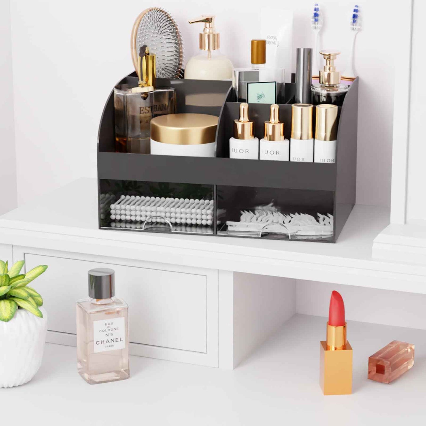 Makeup Organizer with Drawers, Cosmetic Storage for Dresser Vanity and Bathroom Countertop, Beauty Holder for Lipstick Brush, Skincare Organizer for Vanity, Cosmetic Display Case (Black)