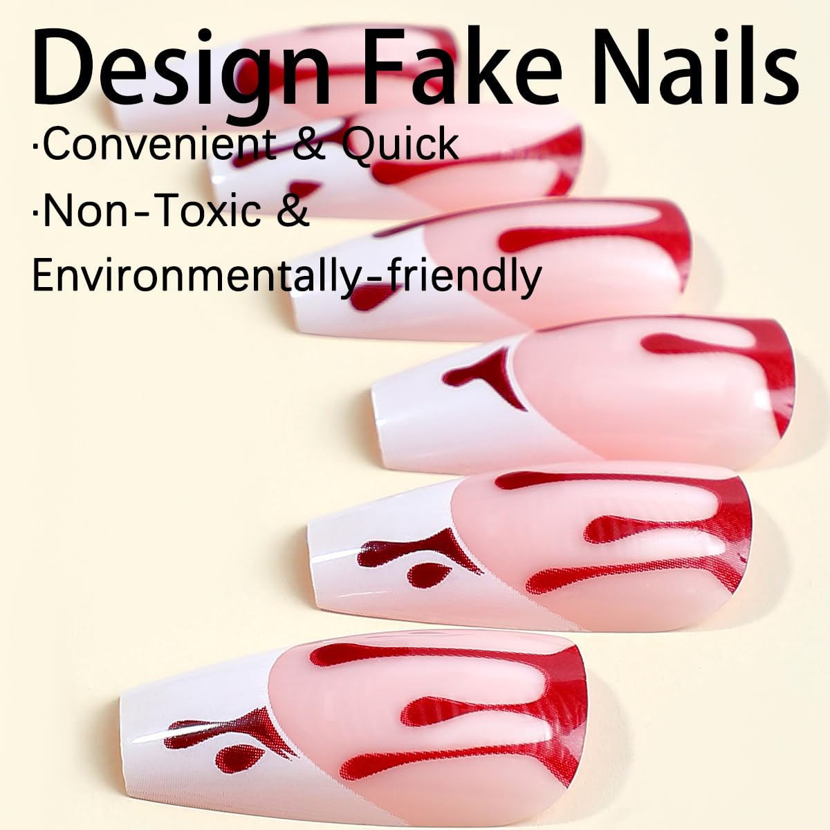 Halloween Press on Nails Long Square Fake Nails White French Tip False Nails Full Cover Coffin Nails Press Ons with Design Red Blood Drops Glue on Nails Acrylic Stick on Nails for Women 24Pcs