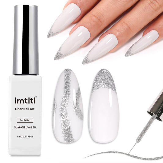 Imtiti Nail Art Liner Gel Polish,1 Pcs 8ml Silver Platinum Gel Nail Polish Glitter Sparkly Gel Liner Nail Polish Soak off UV LED Gel Polish Liner Salon Manicure Swirl Nail Design