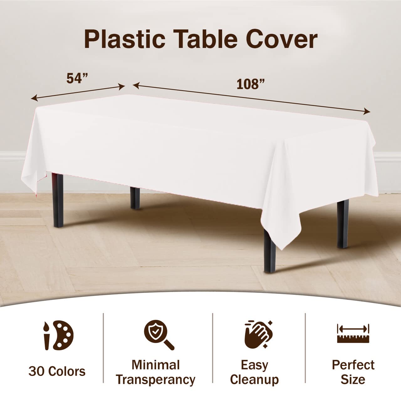 Exquisite 6-Pack Premium Plastic Tablecloth 54in. x 108in. Rectangle Plastic Table Cover - White