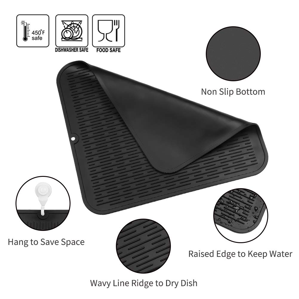 MicoYang Silicone Dish Drying Mat for Multiple Usage,Easy clean,Eco-friendly,Heat-resistant Silicone Mat for Kitchen Counter or Sink,Refrigerator or Drawer Liner Black XXL 24 inches x 18 inches