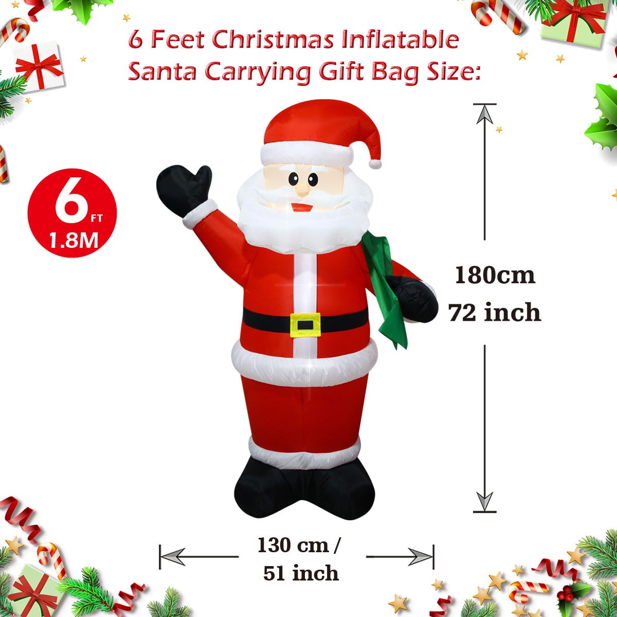 FARONZE Christmas Inflatable Santa Claus Lighted Interior Inflatable Christmas Decoration with Built-in Fan and Anchor Ropes (6FT Santa Carry Bag)