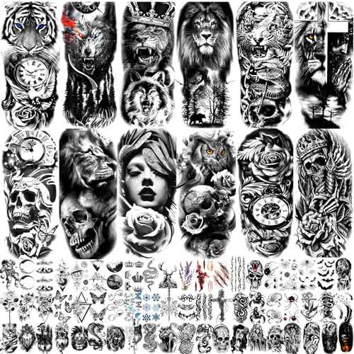 82 Sheets Temporary Tattoo for Men Women Adults, Include 12 Sheets Black 3D Half Sleeve Temporary Tattoos, Halloween Tattoos Scary Lion Wolf Tiger Skull Skeleton Tattoos Stickers