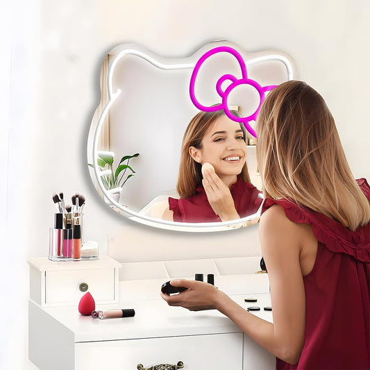 Zmmyuluo Hello Kitty Mirror 1 Pcs Makeup Mirror 16.1"X14" Neon Sign Mirror Vanity Mirror for Bedroom,Dresser,Living Room,Kid Room (Neon Mirror)