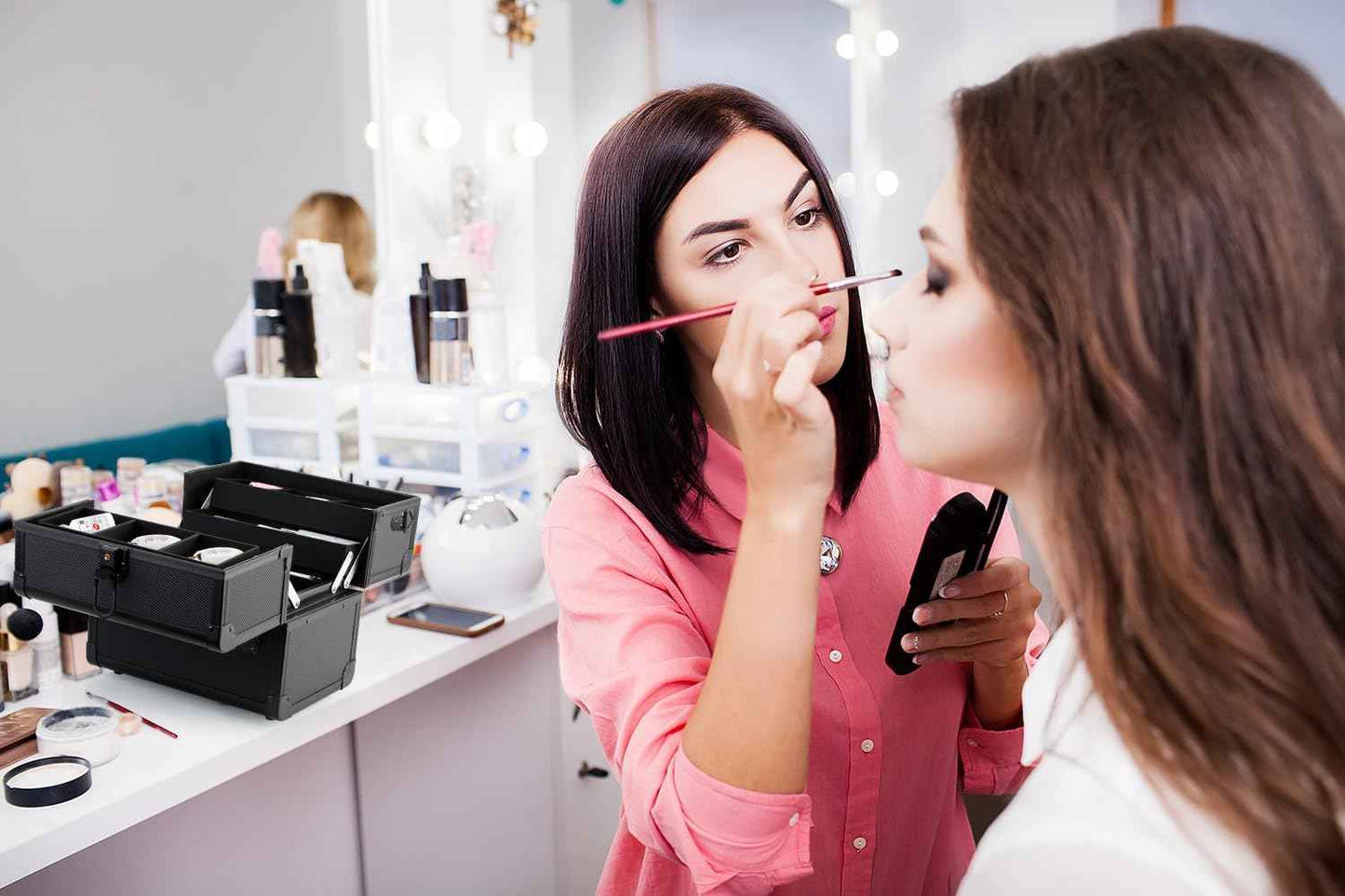 Makeup Case - Professional Portable Aluminum Cosmetics Storage Box With Locks and 2-Deck Folding Trays Black Diamond