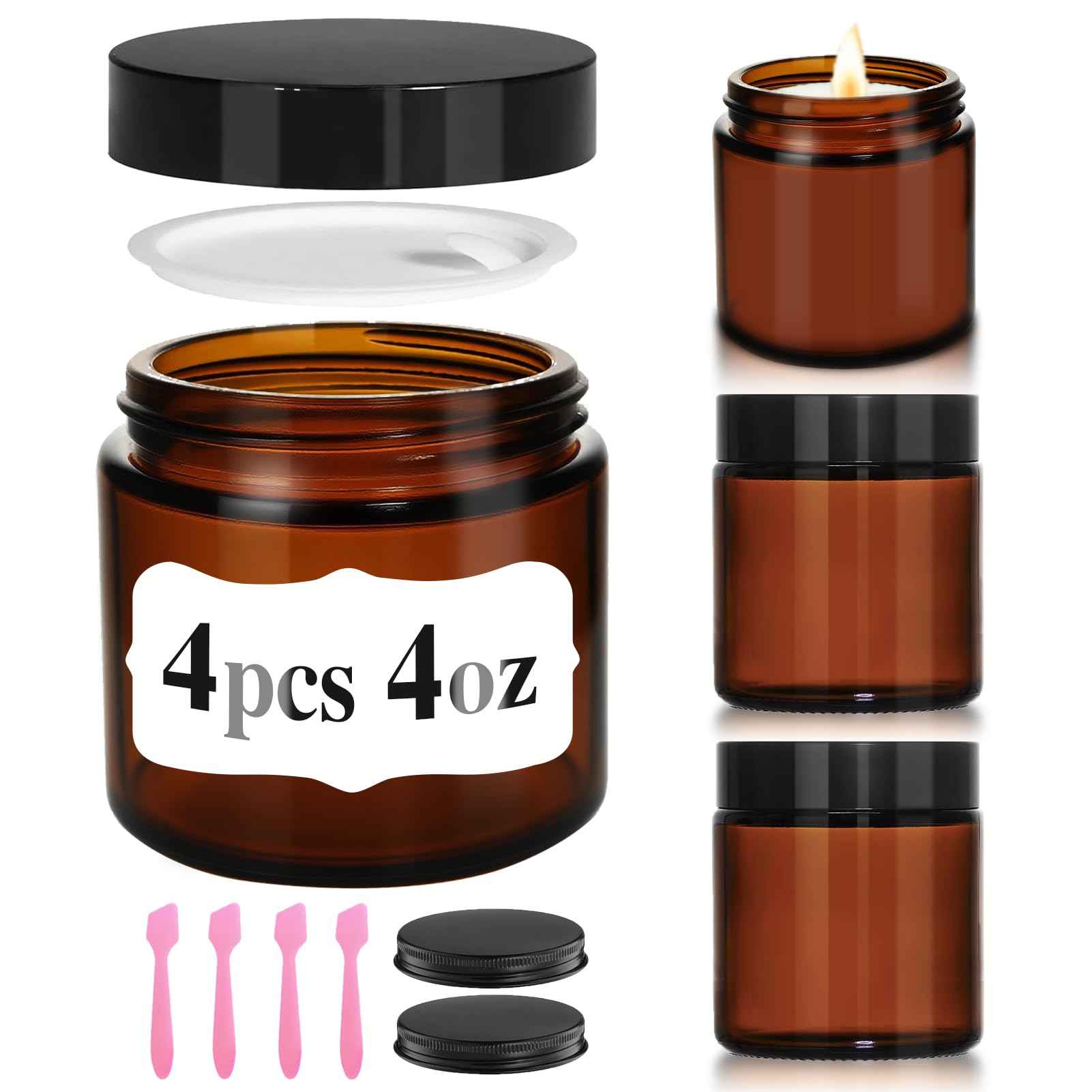4 oz Glass Jars with Lids, 4 Pack Amber Small Glass Jars with Black Lids Leakproof Airtight Empty Cosmetic Travel Containers with Inner Liners For Lotions Body Scrub, Candle Making
