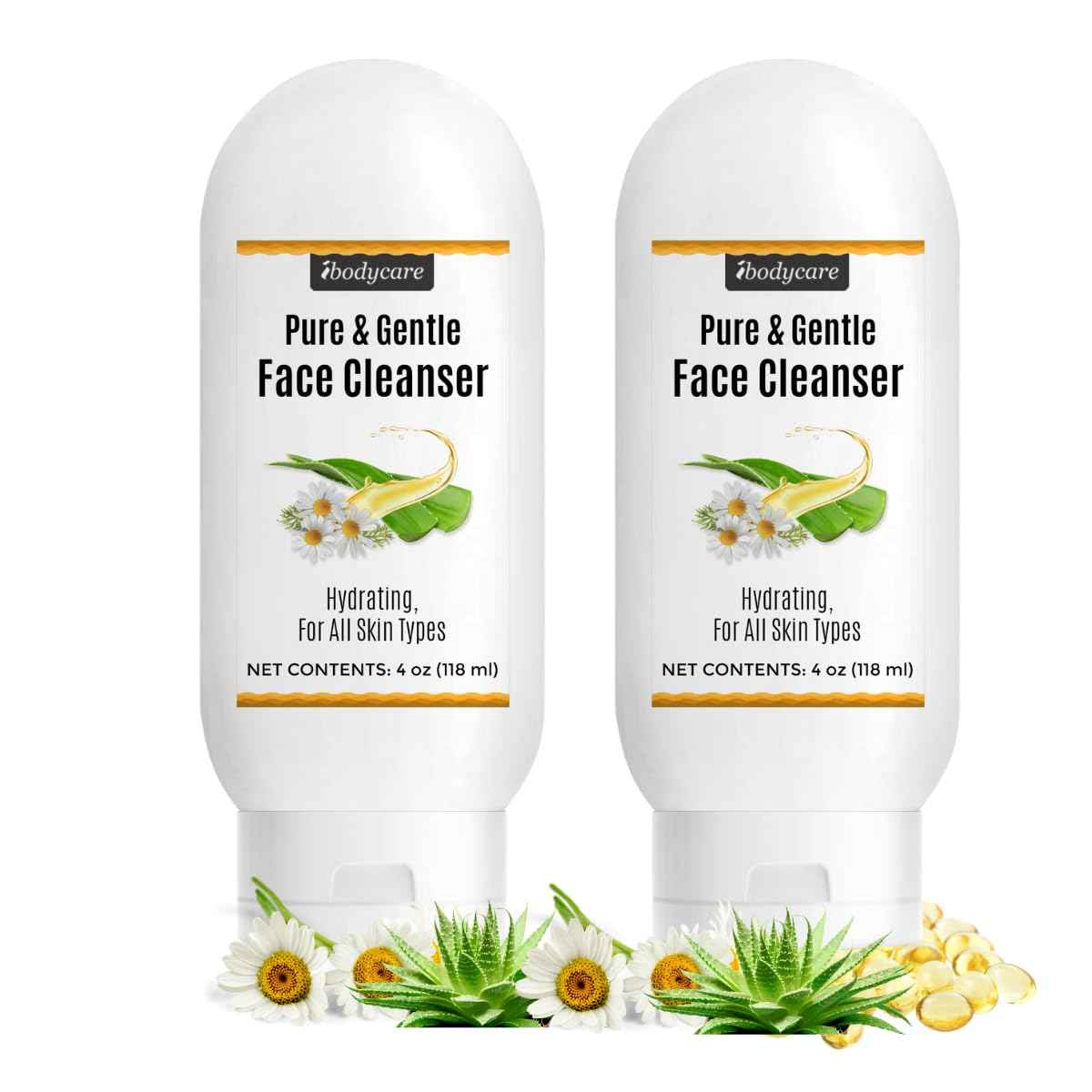 ibodycare Aloe Chamomile Face Cleanser for Sensitive Skin, Sulfate Free, Paraben Free, Fragrance Free, Daily Face Wash, Gentle Natural Cleanser for Women and Men, 4 oz (2 Pack)