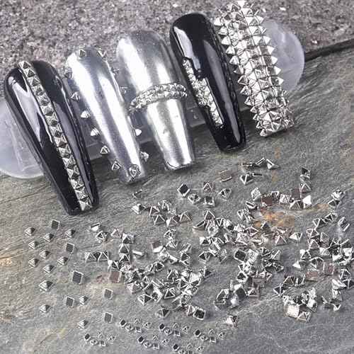 WOKOTO 600 PCS Silver Punk Pyramid Nail Charms For Acrylic Nails, 3D Silver Pyramid Rivet For Nails Metal Punk Nail Studs Charms - 3D Gothic Nail Charms Cone Studs Nails, Silver Cone Spike Studs