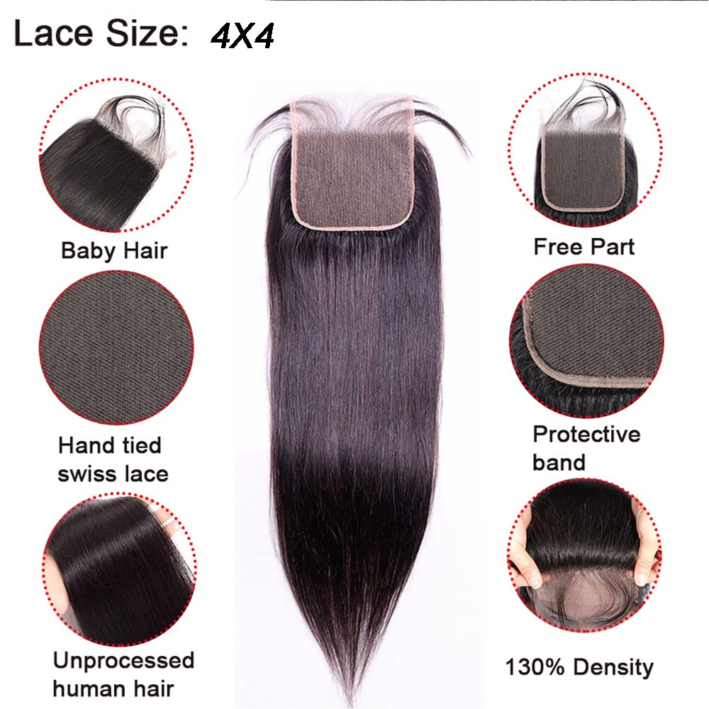 Lace Closure Human Hair 20 Inch 4X4 Straight Closure Only For Women Free Part High Density With Baby Hair Preplucked Bleached Knots Peruvian Virgin Hair Real Human Hair Cheap Natural Color