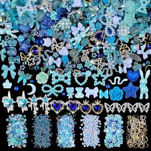 650pcs Mixed 3D Nail Charms Kit, 12pcs Luxury Metal Nail Rhinestones and 250pcs Resin Butterfly Flower Star Heart Bow Charms with 400pcs Flatback Pearls Rhinestone Metal Gems Charm (Blue)