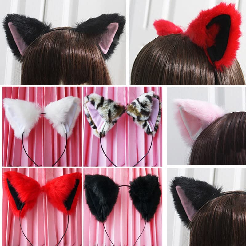 BAOBAO Women Girl Cat Fox Long Fur Ears Headband Party Cosplay Costume Hairband (Black&Pink)