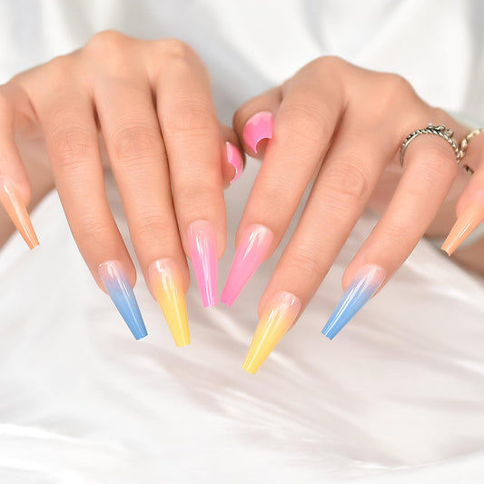 Extra Long Coffin Press on Nails Multi Color Rainbow Colorful Nail Art Tips Fake Nails Reusable Fingernails False Nails Glossy Salon Manicure Gifts for Women Girls