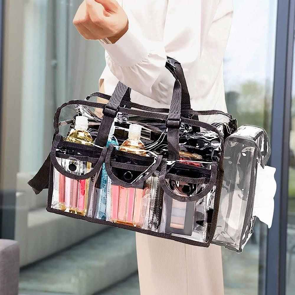 Large Clear Makeup Bag, Transparent PVC Cosmetic Bag with Shoulder Strap and Pockets, Zippered Travel Toiletry Carry Pouch Shoulder Bag