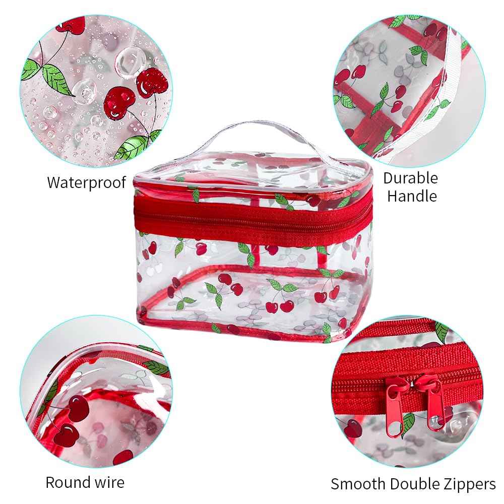 TotePrint Cherry Clear Cosmetic Bag Transprent Clear Makeup Bag Travel Pouch with Handle-Durable PVC Material,Versatile,Zipper Design for Smooth Sliding-Ideal for Makeup,Travel Essentials (Cherry)