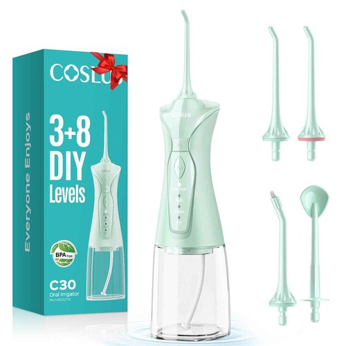 COSLUS Water Dental Flosser Pick for Teeth: 4 Modes Cordless Portable 300ML Larger Tank Water Teeth Cleaner IPX7 Waterproof Flossing Cleaning Picks for Home Travel Green C30(FC5360)
