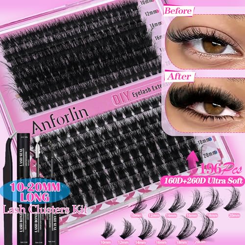 Anforlin Lash Clusters Kit 240pc DIY Eyelash Extensions 10-22mm