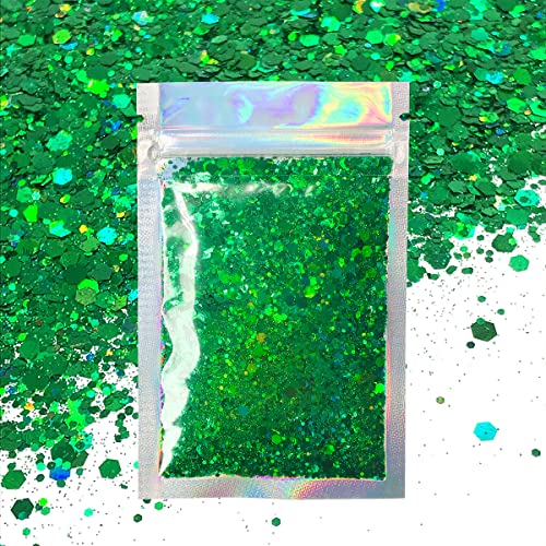 Green Body Glitter - 15g Chunky Holographic Face Glitter, Hair Glitter, Eye Glitter and Body Glitter for Women. Rave Glitter, Festival Accessories, Cosmetic Glitter Makeup. Loose Glitter Set