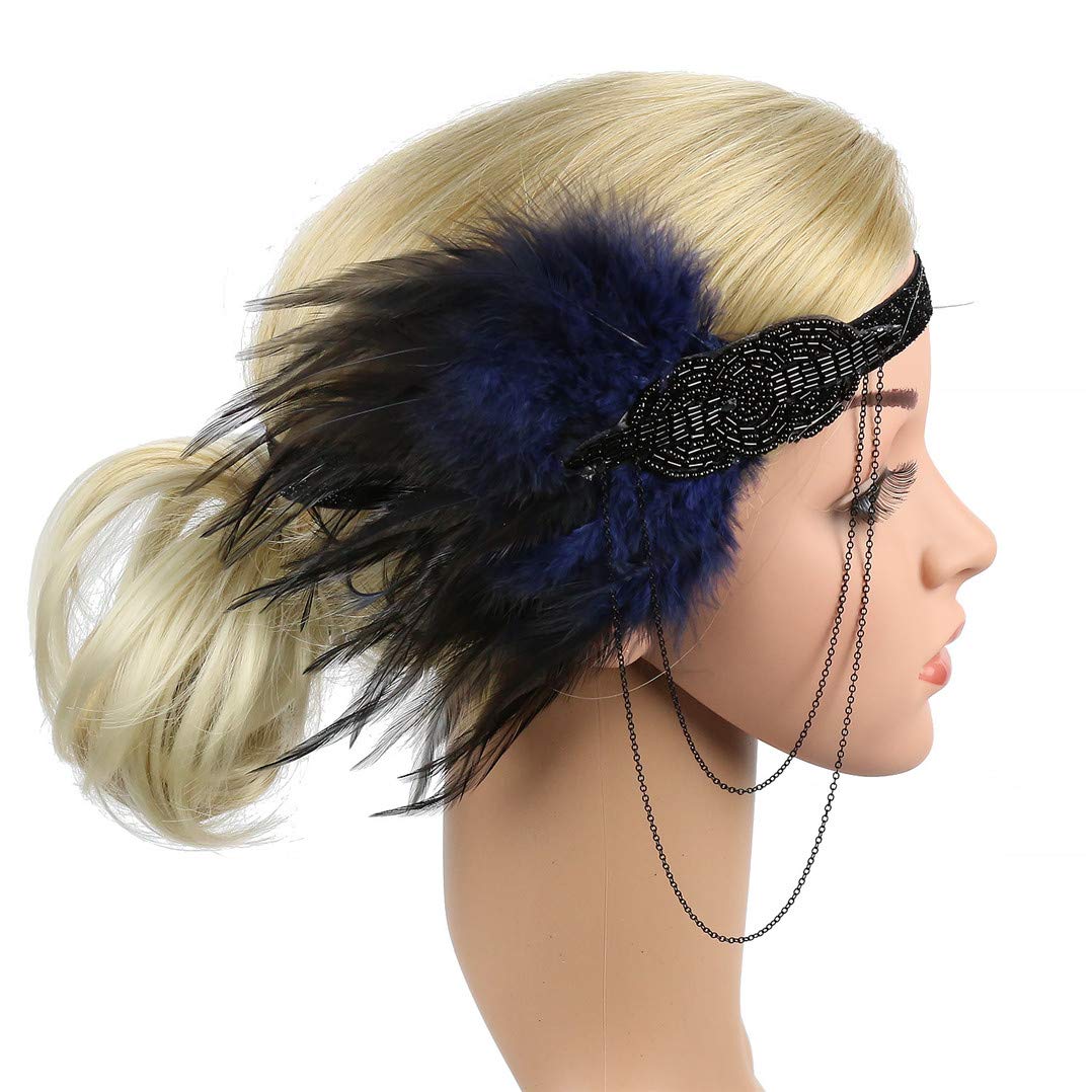 Lovfingu Women's 1920s Great Gatsby Headband Vintage Feather Flapper 20s Headpiece Vintage Party Hair Accessories21Blue