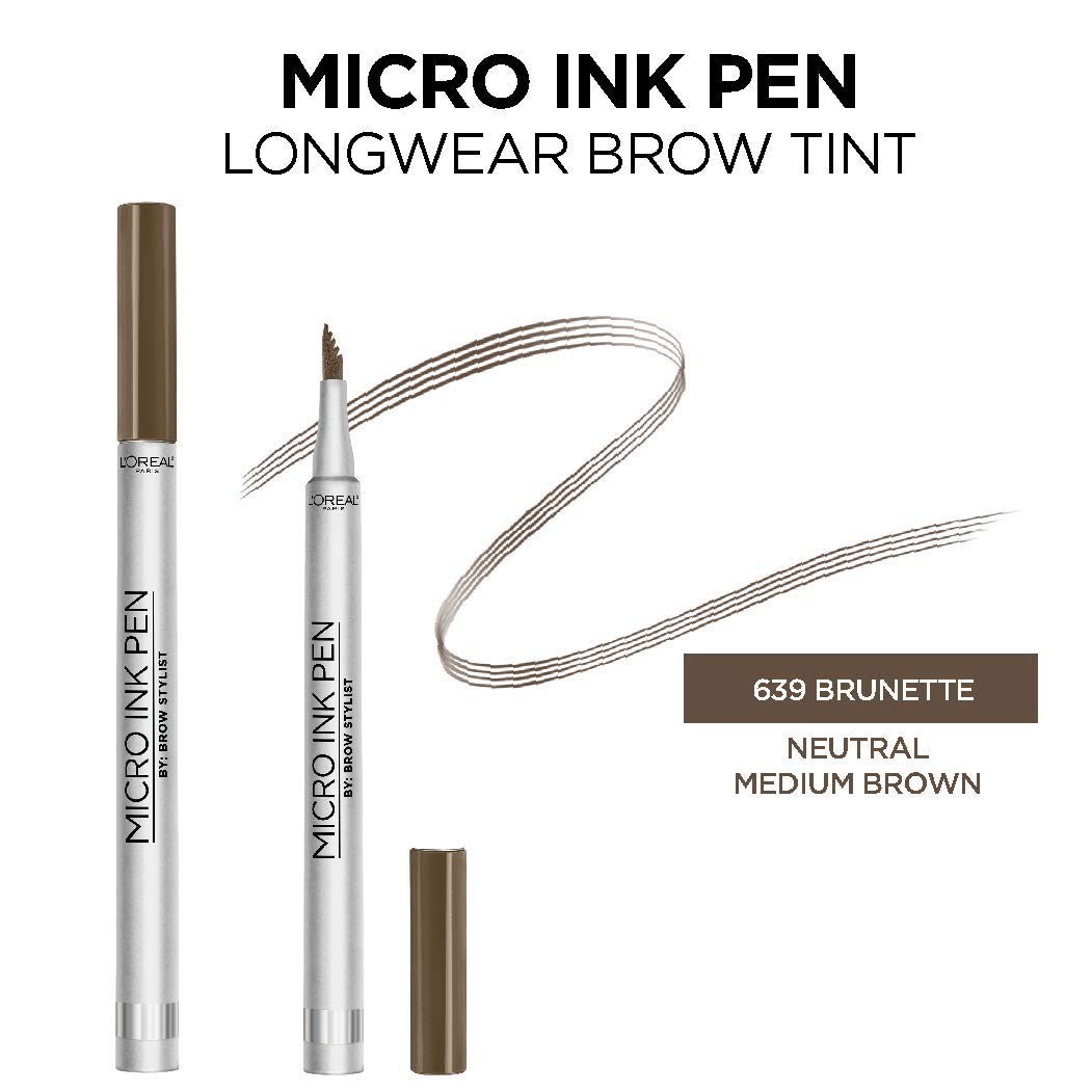 L'Oreal Paris Micro Ink Pen by Brow Stylist, Longwear Brow Tint, Hair-Like Effect, Up to 48HR Wear, Precision Comb Tip, Brunette, 0.033 fl; oz.