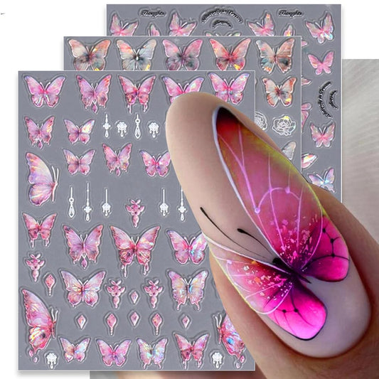 5D Aurora Butterfly Nail Stickers for Women Cartoon Butterfly Nail Art Stickers for Nail Designs Embossed Butterfly Stickers for Nails Design Rose Flower Butterfly Nail Decals for Nail Art Supplies