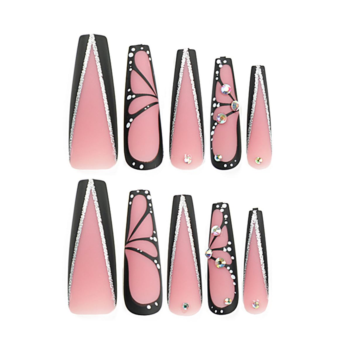 Black Press on Nails Butterfly Long Coffin Nails Press Ons Rhinestones Stick on Nails Silver Glitter Design Acrylic Nails 24Pcs False Nails for Women