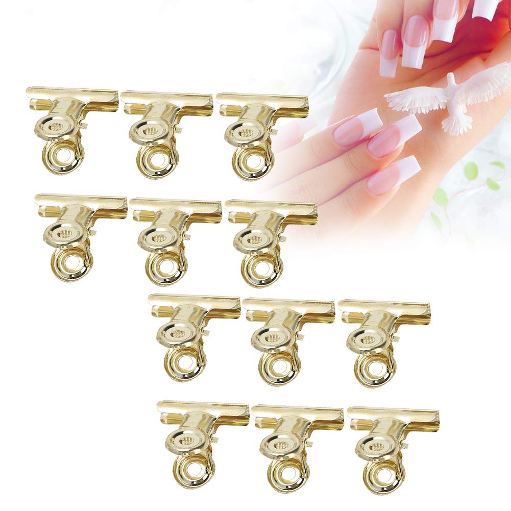 12 pieces C Curve Nail Extension Clips Nail Pinching Clips, Chip Clips Bag Clips Food Clips, Plastic Bulldog Clips Multi-function Nail Art Accessories for Shops, Office and Home Kitchen(Golden)