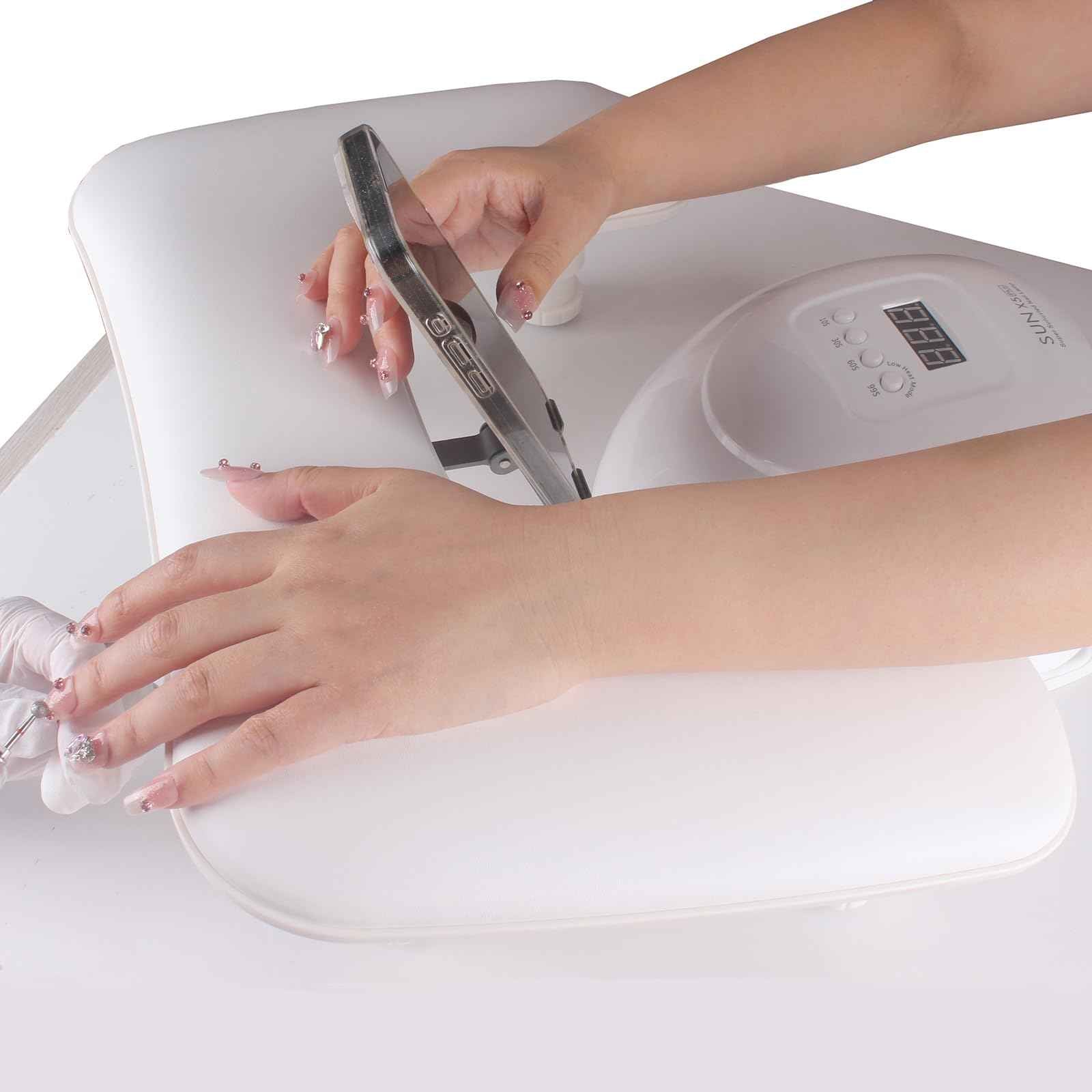 Manicure Arm Rest with Rotating Phone Holder for Nails Tech, U - Shaped Adjustable Nail Hand Rest Stand PU Leather (White)