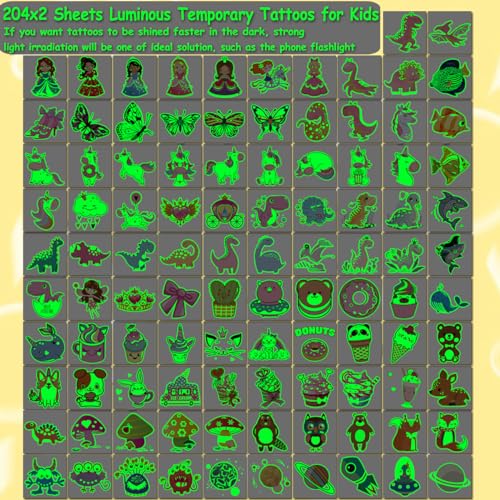 CHARLENT 408 Glow in Dark Temporary Tattoos for Kids