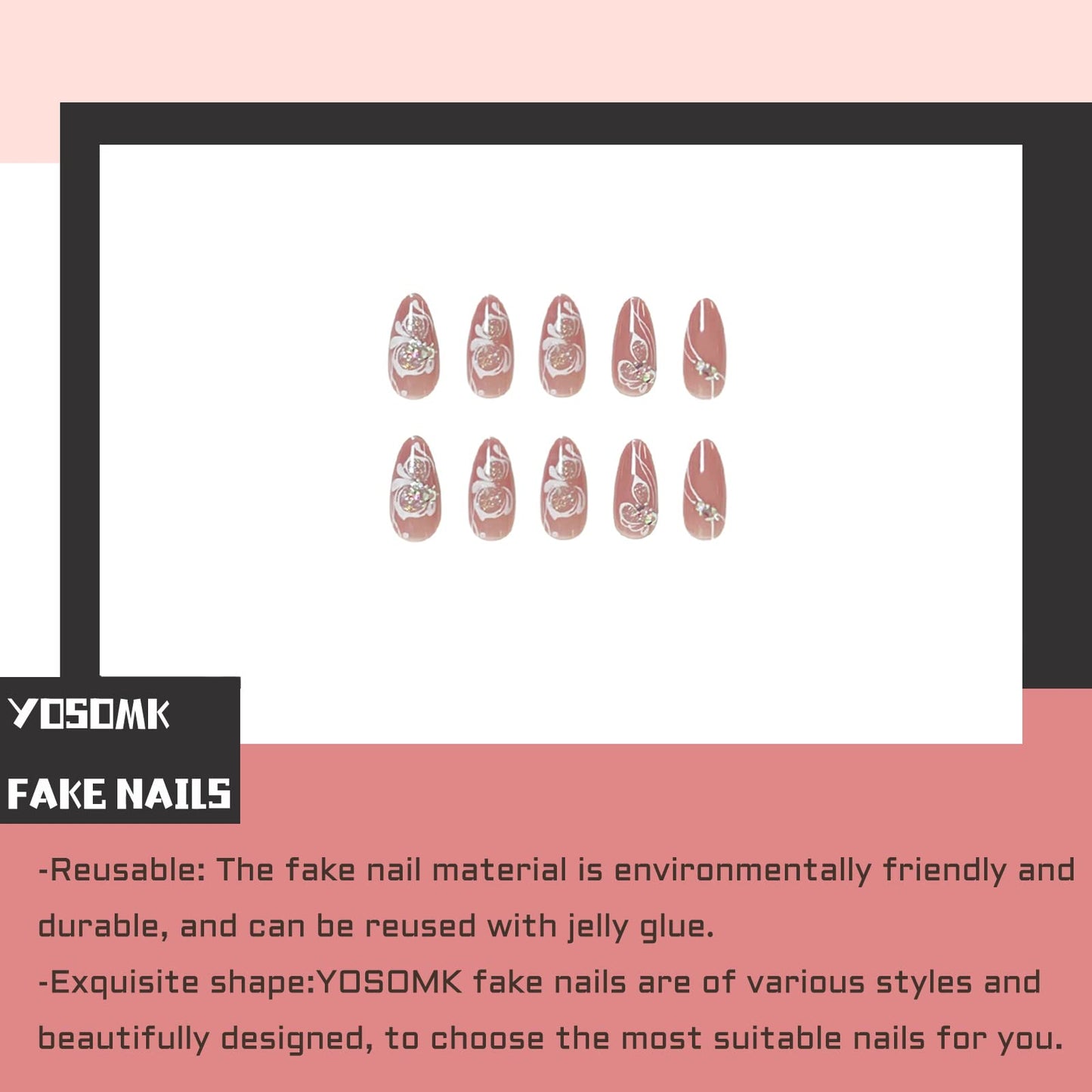 YOSOMK Nude Almond Fake Nails Medium Press on Nails with Flower Designs Glossy False Nails Glitter Rhinestones Stick on Artificial Nails for Women