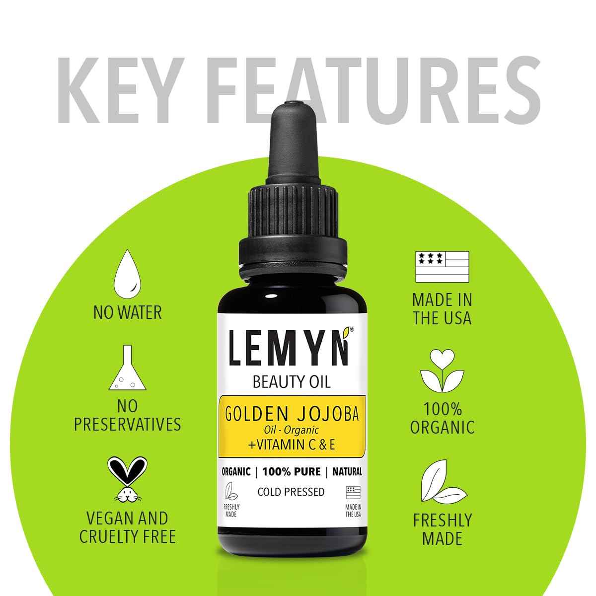 Lemyn Organics Golden Jojoba Oil | Supercharged with Clinically Proven THD Vitamin C | Freshly Made | Deep Hydration & Radiant Boost | Handcrafted Excellence from Santa Barbara