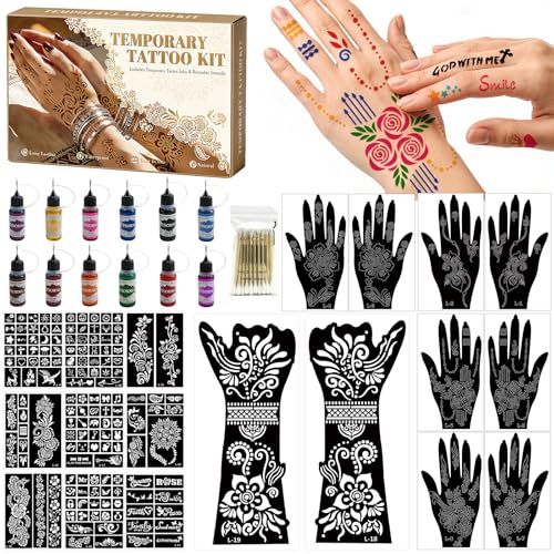 Mandala Temporary Tattoo Stencils Kit - 19 Sheets & 12 Ink Bottles