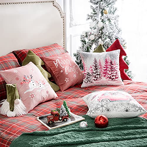 Phantoscope Set of 4 Merry Christmas Decorative Print and Embroidery Velvet Throw Pillow Covers Snowman, Star, Snowflake, Tree Cushion Cover, Pink, 18 x 18 inches, 45 x 45 cm