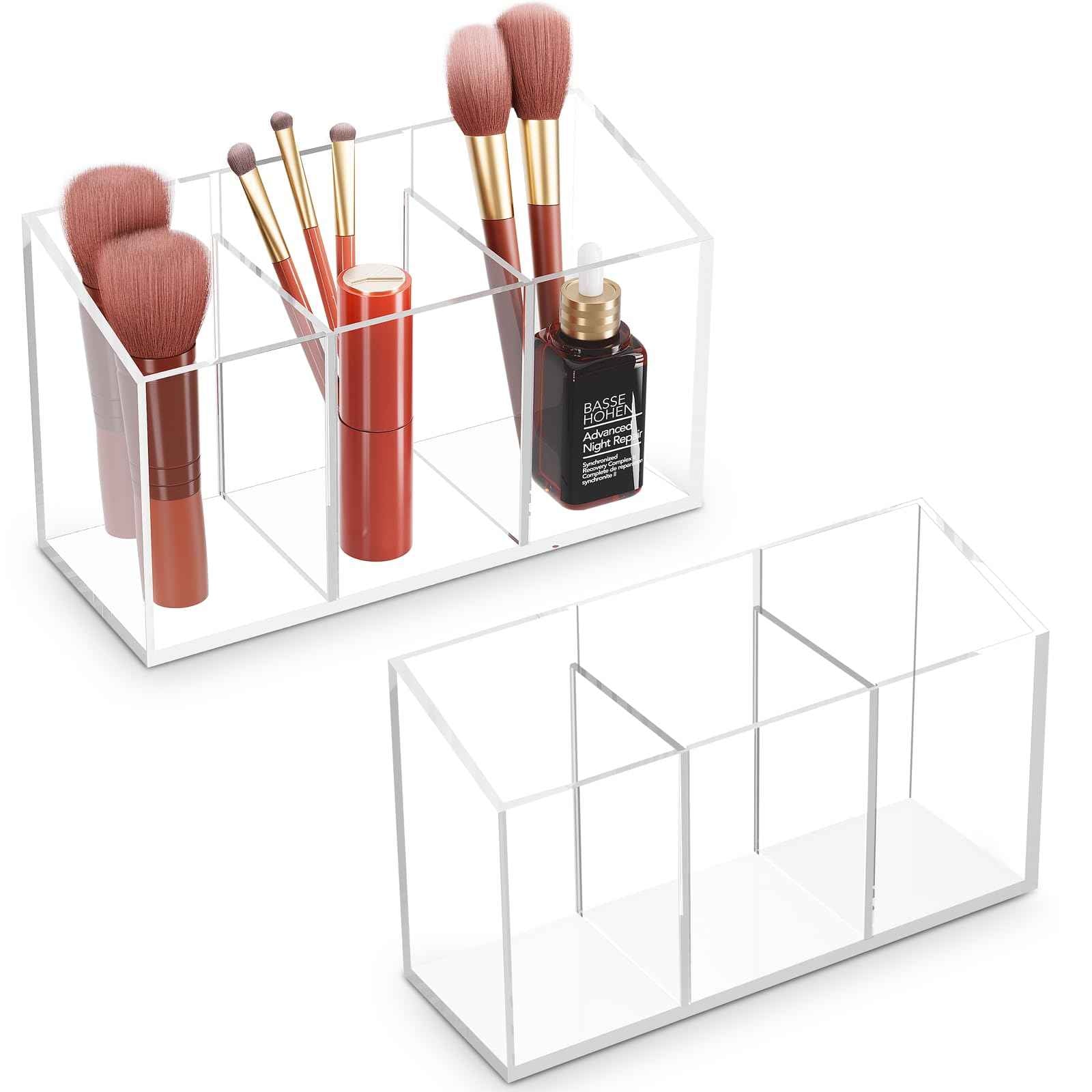 Acina 2PCS Clear Makeup Brush Holder Organizer Acrylic 3-Slots Cosmetic Brushes Storage Organizer for Vanity Countertop