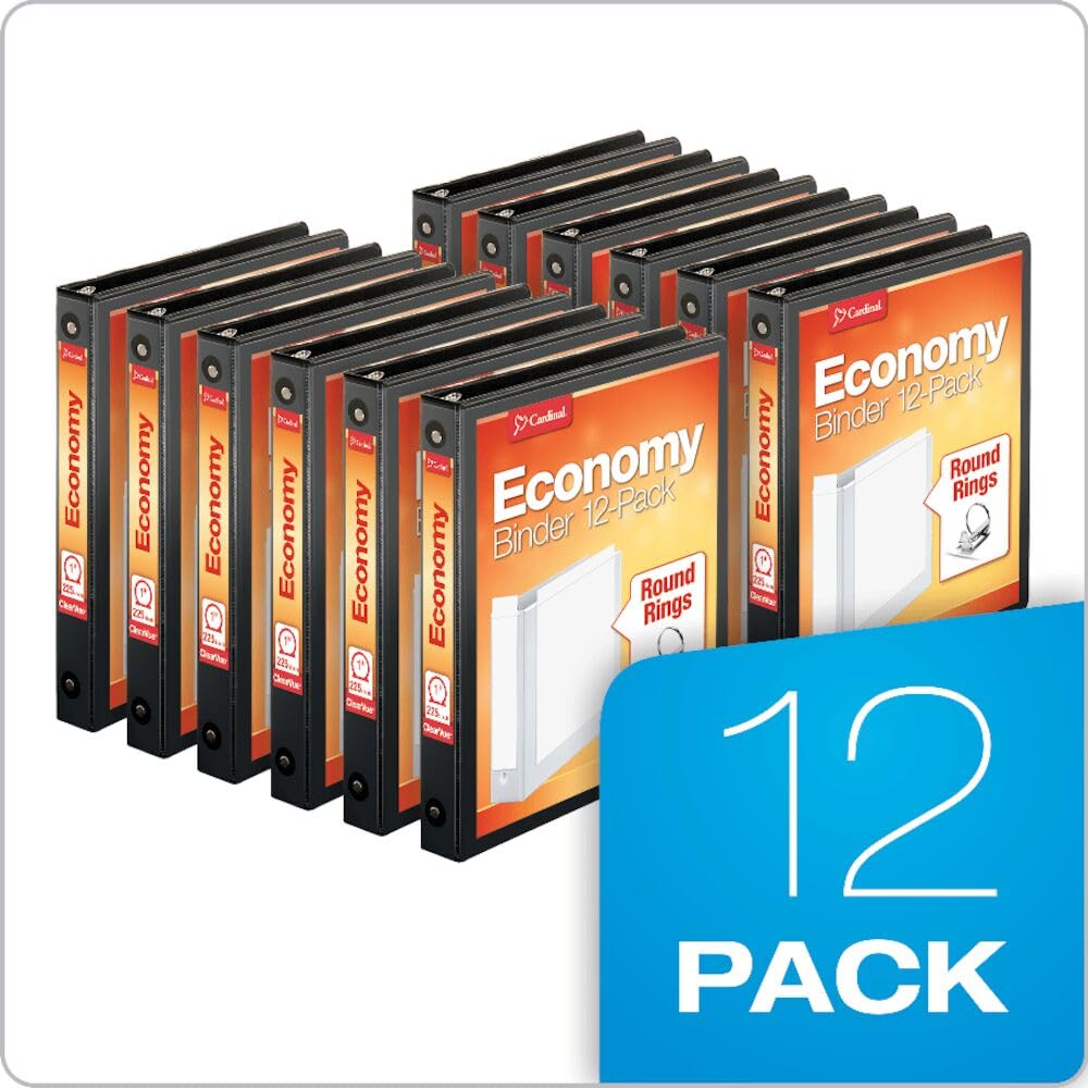 Cardinal Economy 3-Ring Binders, 1", Round Rings, Holds 225 Sheets, Clearvue Presentation View, Non-Stick, Black, Carton of 12